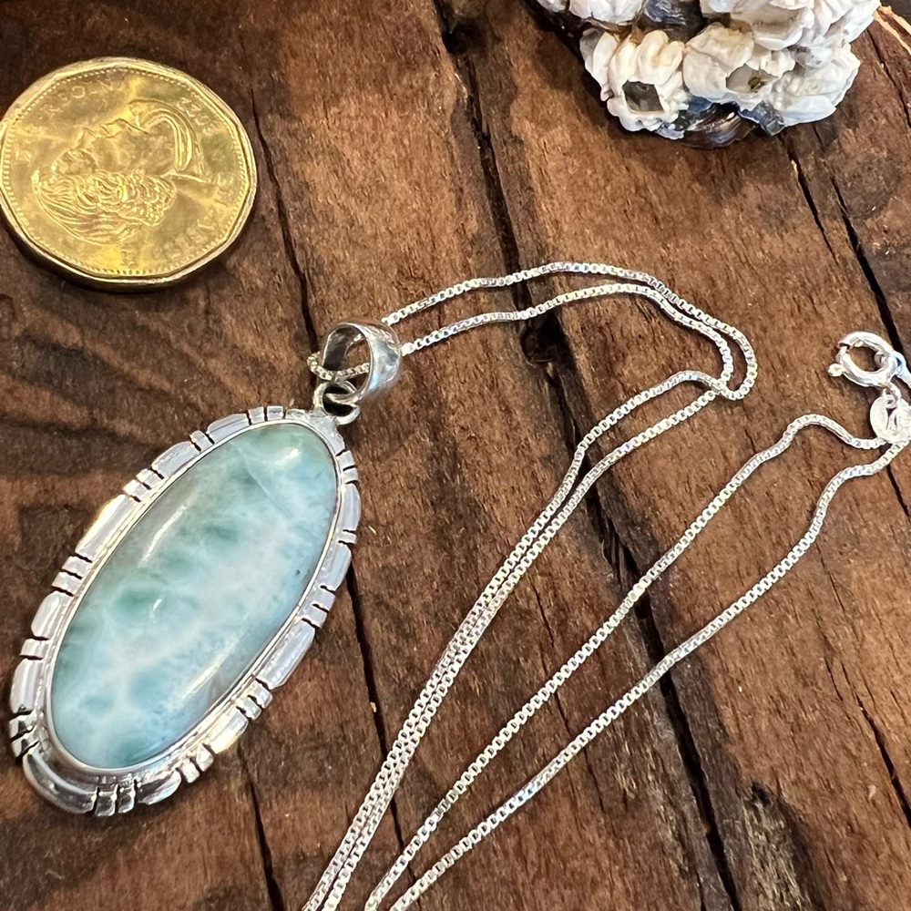NWT Bali Thailand Baby Blue Larimar Sterling Necklace Oval Pendant Large Gem